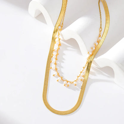 Ganemly Elegant 316L Stainless Steel Double Layer Pearl Necklace for Women 18K Gold Plated Waterproof Fashion Jewelry
