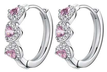 Sparkling 925 Sterling Silver Colorful Heart Zircon Round Huggie Bow Stud Earrings for Women Elegant Sweet Jewelry Gifts