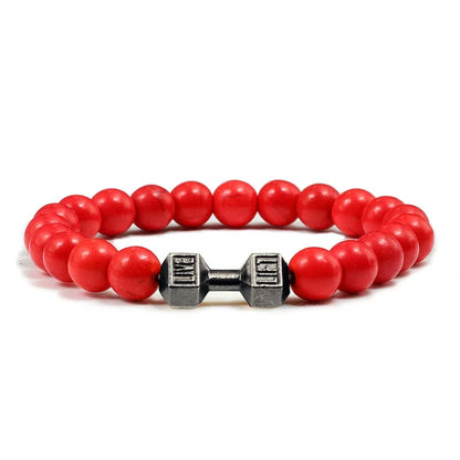 Vintage Men's Natural Stone Bead Bracelet With Dumbbell Pendant red black