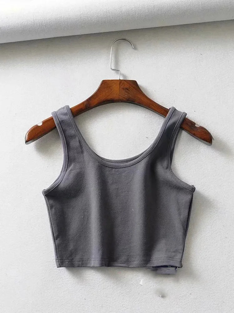 Sexy Women Summer Sleeveless Cotton Knit Crop Top U Collar