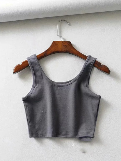 Sexy Women Summer Sleeveless Cotton Knit Crop Top U Collar