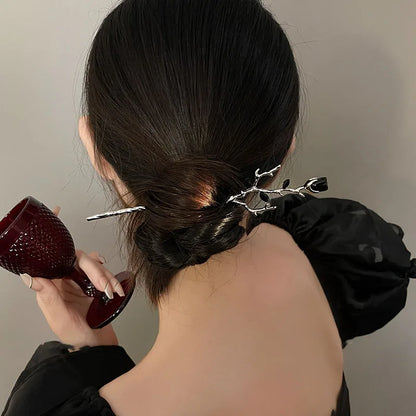 Vintage Rose Flower Crystal Hairpin Stick for Women Fashion Alloy Headwear