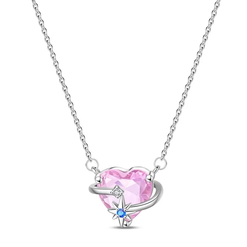 925 Sterling Silver Necklace with Pink Bow Heart Moon Butterfly Pendant Elegant Zircon Charm for Women Classic DIY Gift