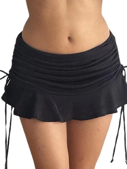 Low Waisted Ruffles Mini Skirt Black Drawstring Y2K Summer