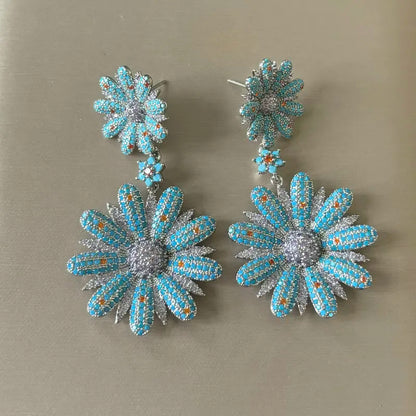 Bilincolor Luxury Blue Flower Drop Earrings for Women - Elegant Wedding Jewelry Gift