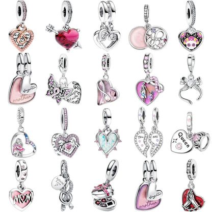Original 925 Sterling Silver Heart Bow Mom Charm with Zircon for Women DIY Bracelets and Necklaces Fine Birthday and Mothers Day Jewelry Gift