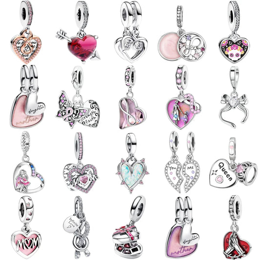 Original 925 Sterling Silver Heart Bow Mom Charm with Zircon for Women DIY Bracelets and Necklaces Fine Birthday and Mothers Day Jewelry Gift