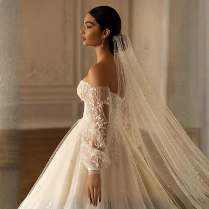 Pearls Bridal Veil Soft 1 Tier Beaded Wedding Veil Cathedral Length with Comb Elegant Wedding Accessories