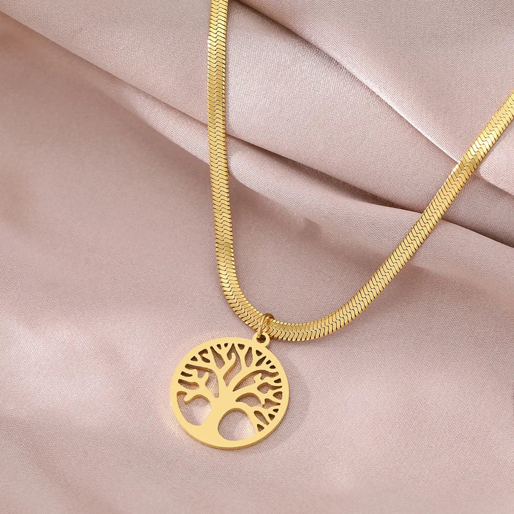 Hipee Fashion Snake Bone Chain Necklace with Tree of Life Pendant for Men and Women