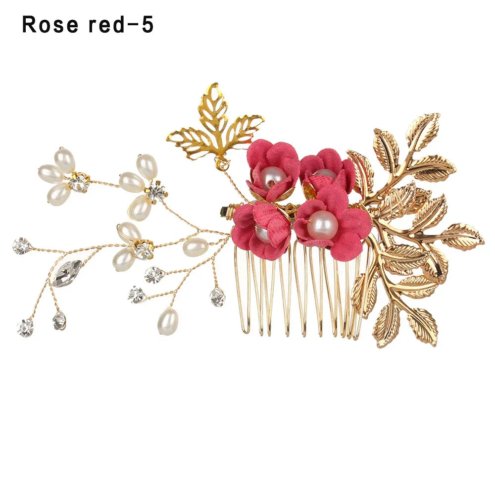 Luxury Crystal Crown Hair Combs - Elegant Bridal Clips with Leaf Design rose red 3