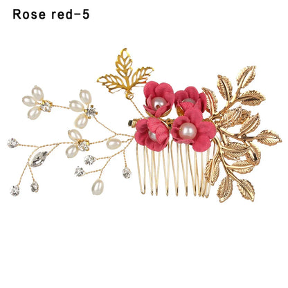 Luxury Crystal Crown Hair Combs - Elegant Bridal Clips with Leaf Design rose red 3