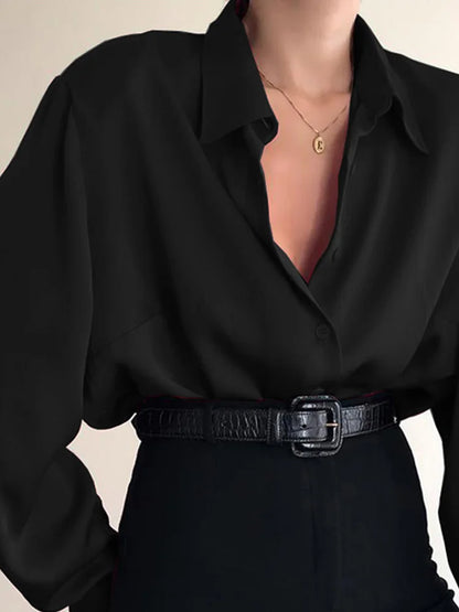 Women Button Blouse Turn Down Collar Long Sleeve Office Top