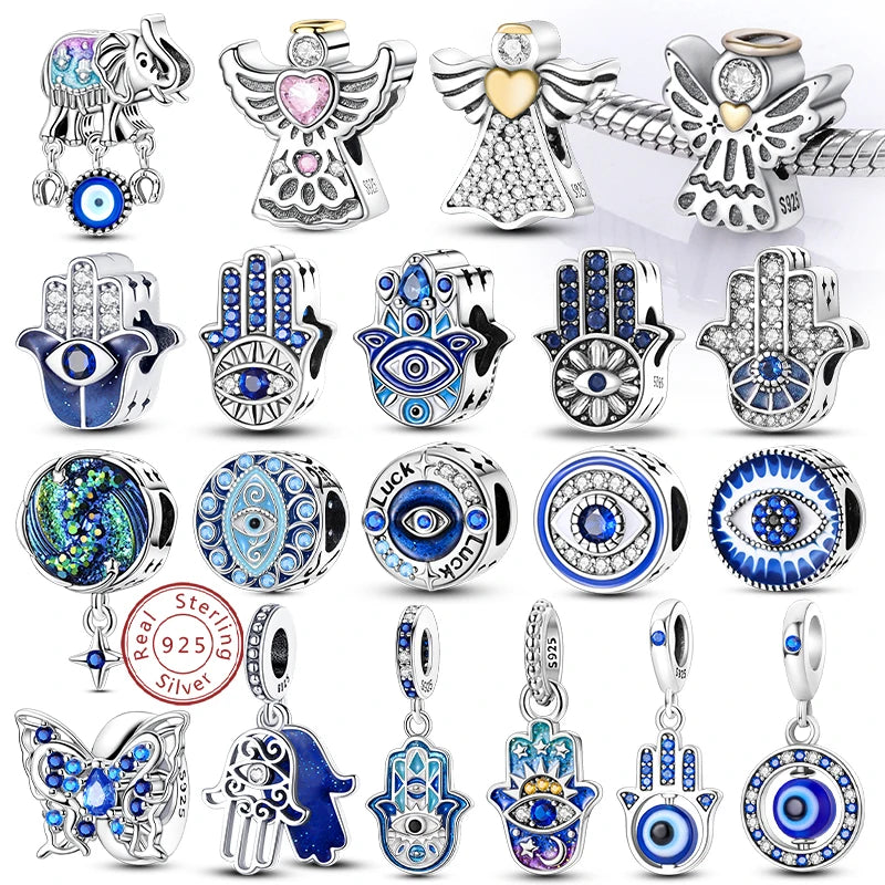 925 Sterling Silver Charms Pendant Set for Bracelets Angel Devil's Eye Fatima's Hand Cross Women's Jewelry Gift