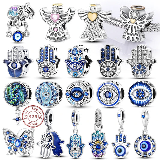 925 Sterling Silver Charms Pendant Set for Bracelets Angel Devil's Eye Fatima's Hand Cross Women's Jewelry Gift