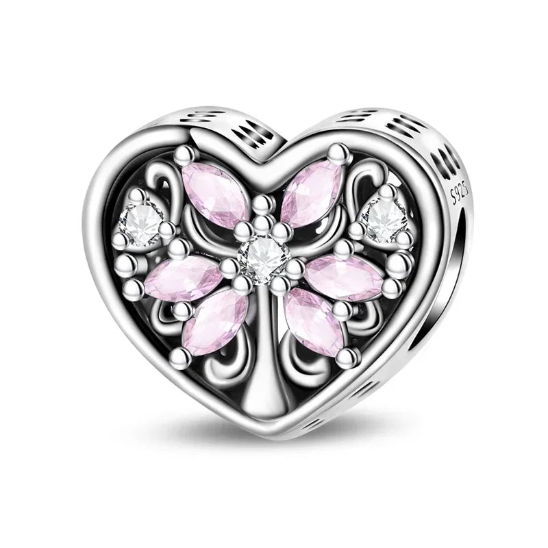Sterling Silver Pink Blossom Dangle Charm with Butterfly Heart Flower Rose and Bird Bead for DIY Necklace and Bracelet Jewelry
