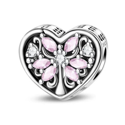 Sterling Silver Pink Blossom Dangle Charm with Butterfly Heart Flower Rose and Bird Bead for DIY Necklace and Bracelet Jewelry
