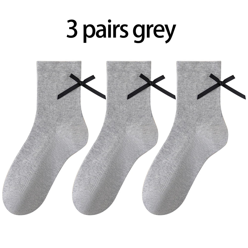 3 Pairs Black White Ballet Bow Crew Breathable Socks