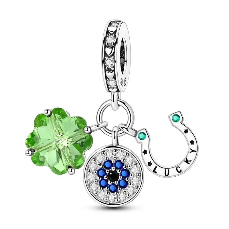 925 Sterling Silver Lucky Four Leaf Clover And Horseshoe Charms With Green Zircon For Bracelet Necklace Earrings