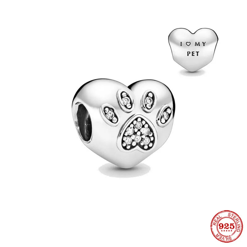 Sterling Silver Paw Print and Bone Charm Bead for Pet Bracelet Jewelry B523
