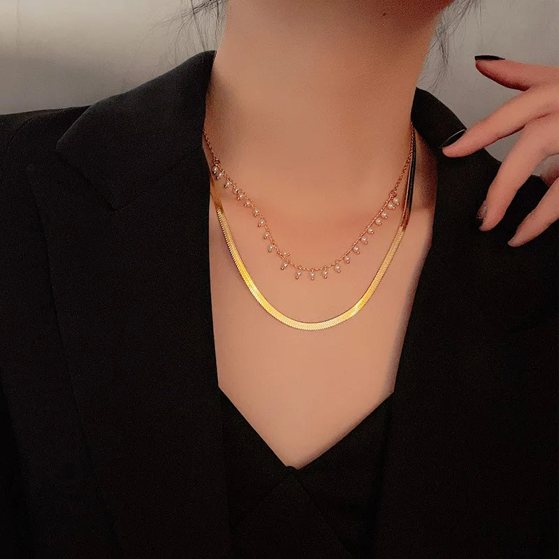 Ganemly Elegant 316L Stainless Steel Double Layer Pearl Necklace for Women 18K Gold Plated Waterproof Fashion Jewelry