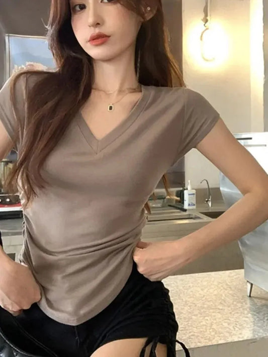 Dozw Women V Neck Tee Slim Fit Summer Korean Fashion