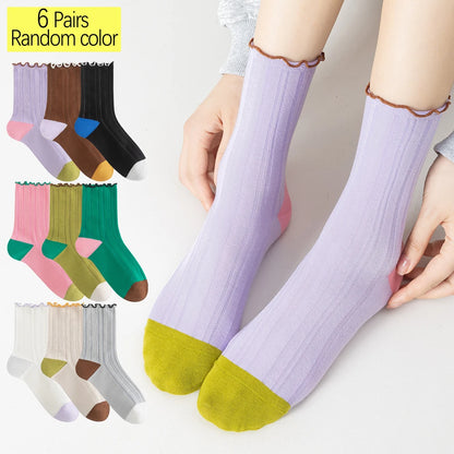 6 Pairs Lace Trim Cotton Mid Crew Antibacterial Socks