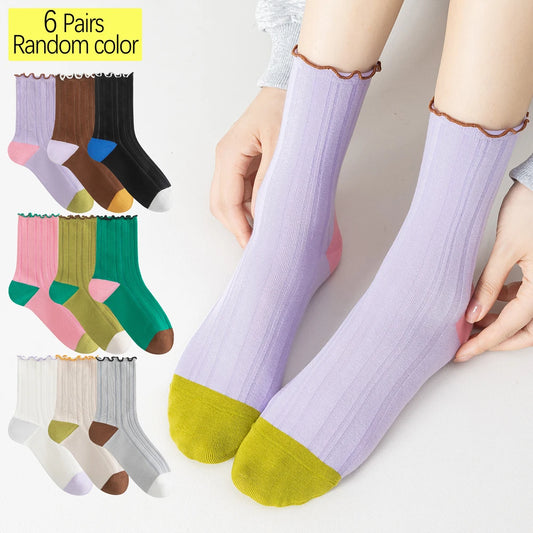 6 Pairs Lace Trim Cotton Mid Crew Antibacterial Socks