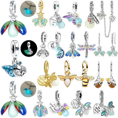Authentic Luminous Firefly Bee Light Bulb Charm Ring Earrings 925 Sterling Silver DIY Jewelry Gift
