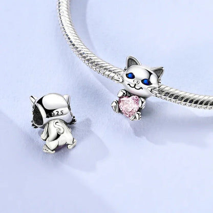 Sterling Silver Cat and Flower Heart Charm for DIY Bracelet Jewelry KTC676-PK
