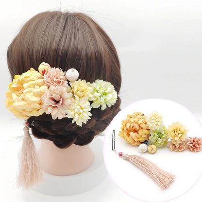 Japanese Handmade Fabric Flower Kimono Hairpin with Tassel for Weddings and Festivals