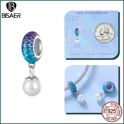 BISAER Ocean Charm 925 Sterling Silver Dolphin and Mermaid Bead with Blue CZ for DIY Jewelry EFC875 CHINA