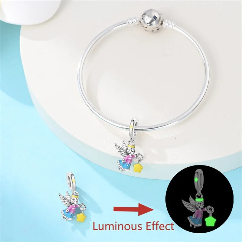 925 Sterling Silver Luminous Lantern Angel Cat Charm