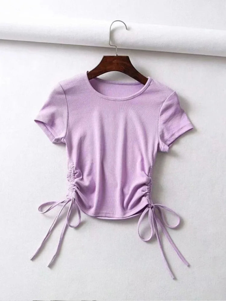 Sexy Side Drawstring Ruched Tank Knit Crop Tees Women 2024
