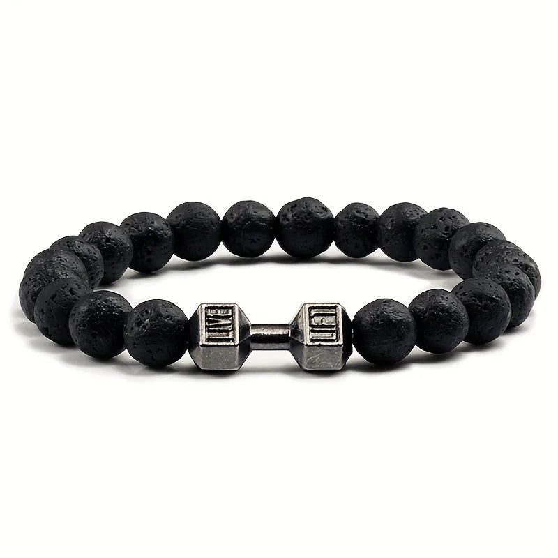 Vintage Men's Natural Stone Bead Bracelet With Dumbbell Pendant lava black