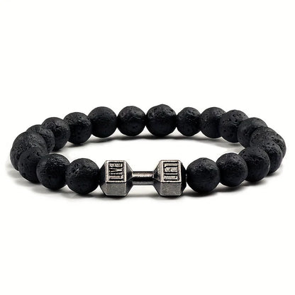 Vintage Men's Natural Stone Bead Bracelet With Dumbbell Pendant lava black