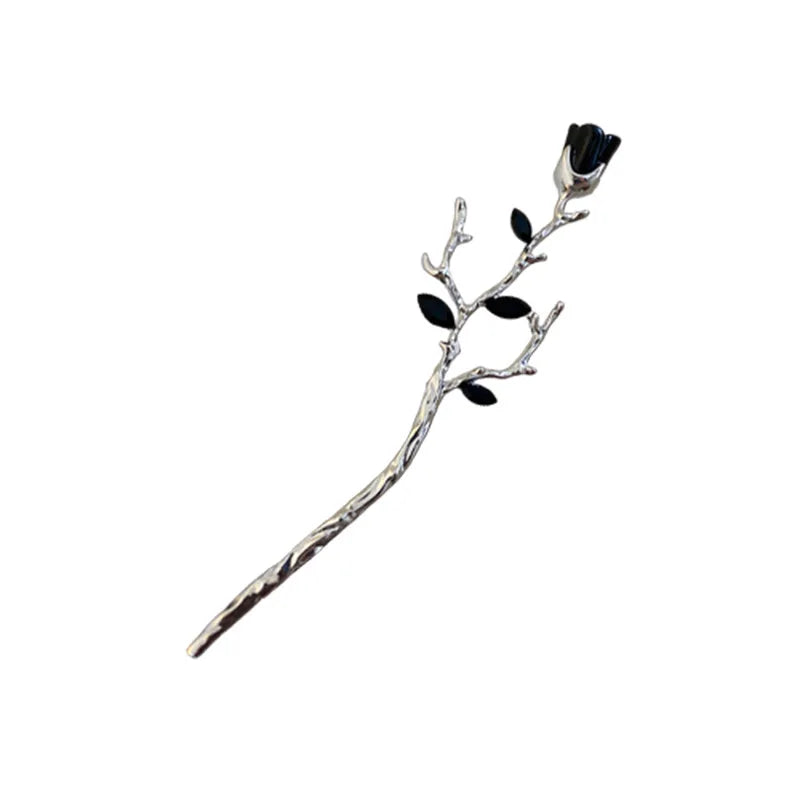 Vintage Rose Flower Crystal Hairpin Stick for Women Fashion Alloy Headwear