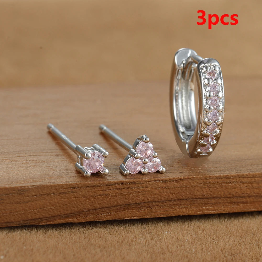 Elegant Rose Red Zircon Stainless Steel Hoop Earrings Set for Women