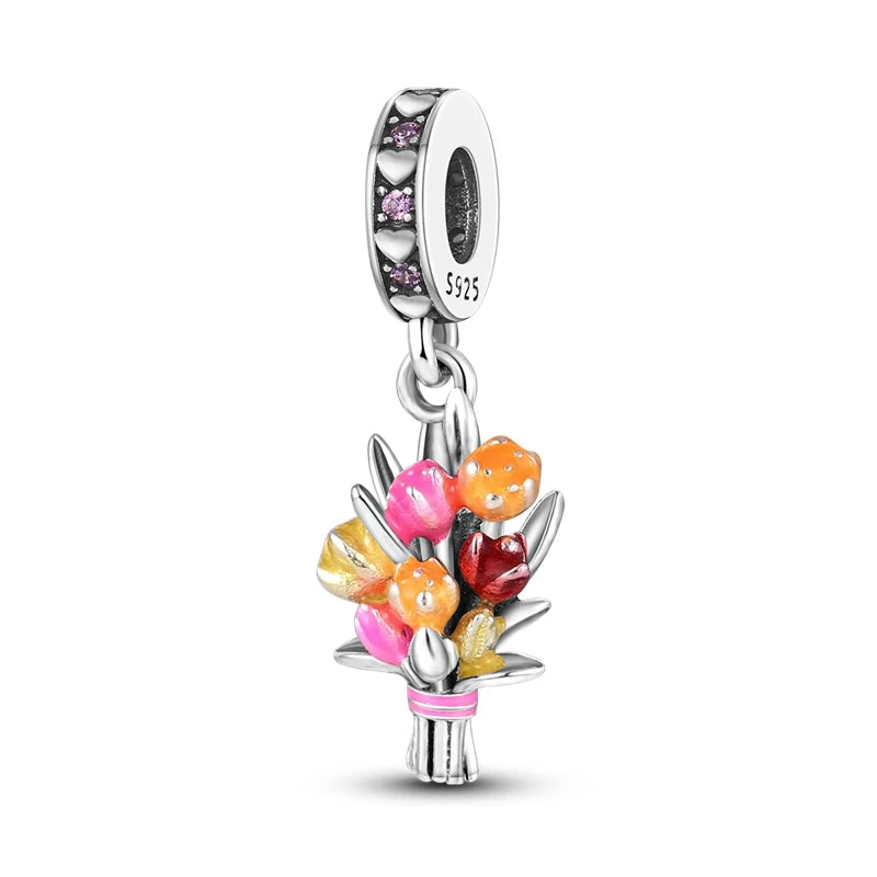 925 Silver Flower Charms Sunflower Tulip Pendants for Bracelet Jewelry Making KTC366