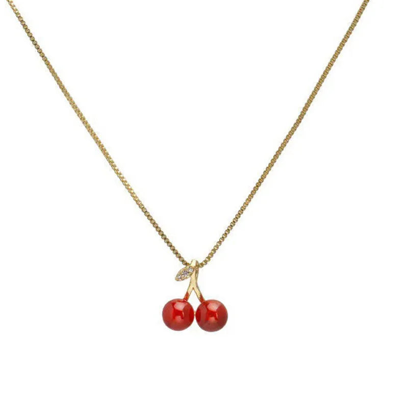 Little Wine Red Cherry Pendant Necklace with Golden Chain for Women - Elegant Fruit Jewelry Gift cherry necklace