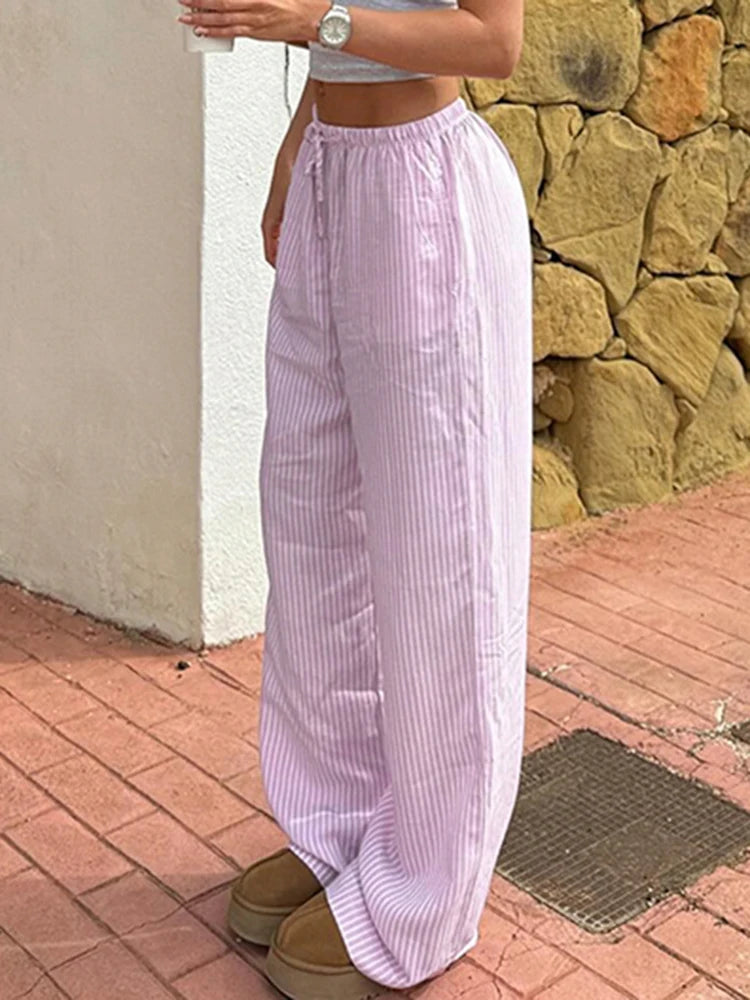 Streetwear Striped Loose Trousers Lace Up Joggers Y2K