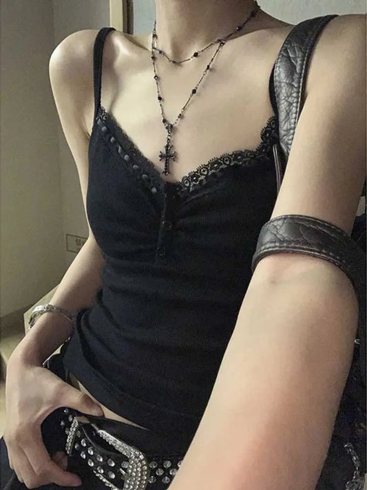 Sexy Folds Buttoned Sleeveless Crop Top Black Y2K Corset