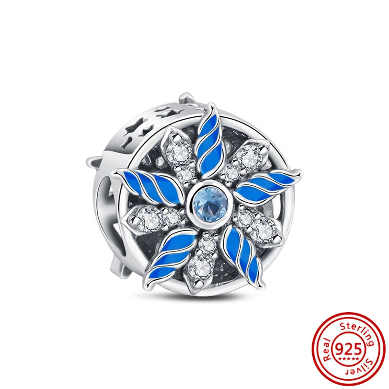 Sterling Silver Blue Zircon Feather Crown Moon Pendant Charm Bracelet Beads ZC064 3mm-4mm