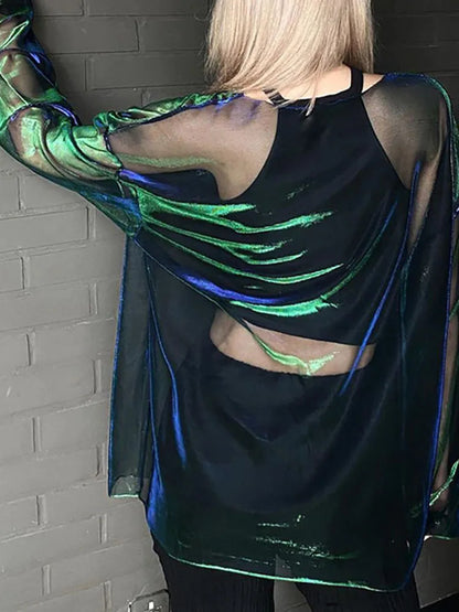Sheer Mesh Long Sleeve O Neck Tee Y2K EGirl Sexy Loose Fit