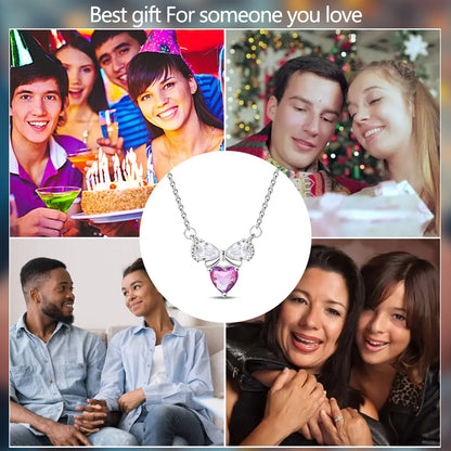 925 Sterling Silver Necklace with Pink Bow Heart Moon Butterfly Pendant Elegant Zircon Charm for Women Classic DIY Gift