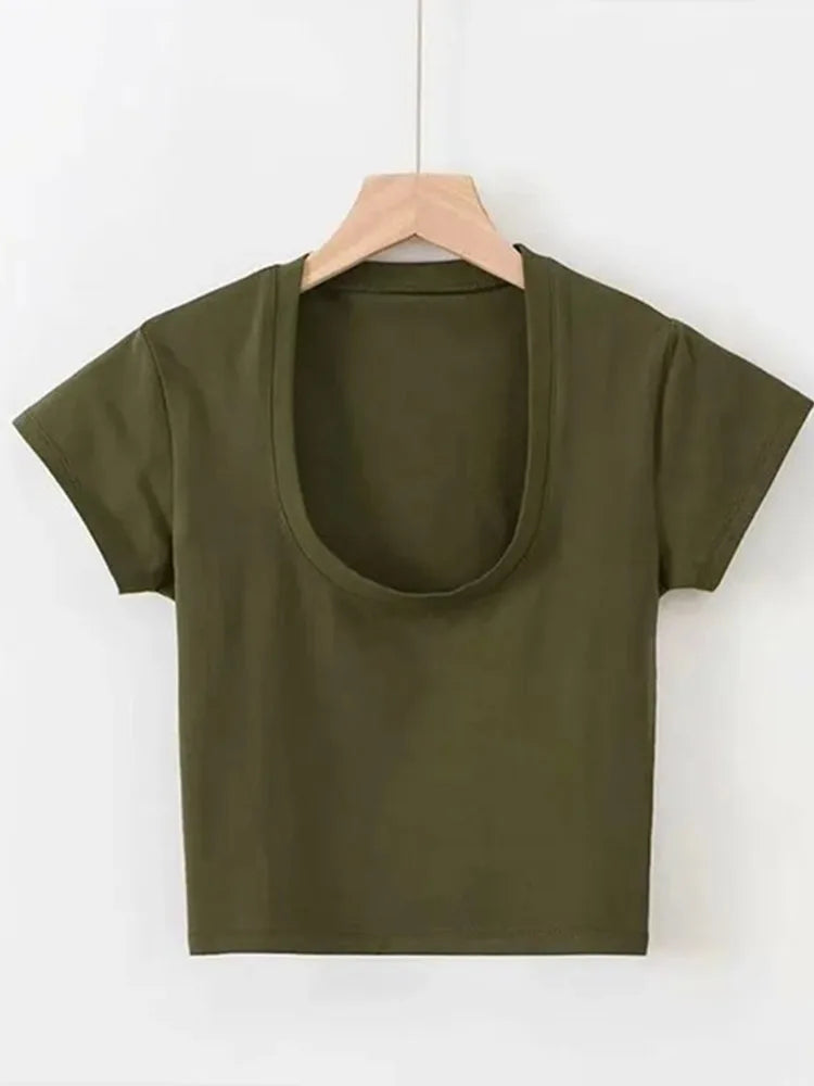 U Neck Crop Top High Waist Slim Solid Color Tee Street