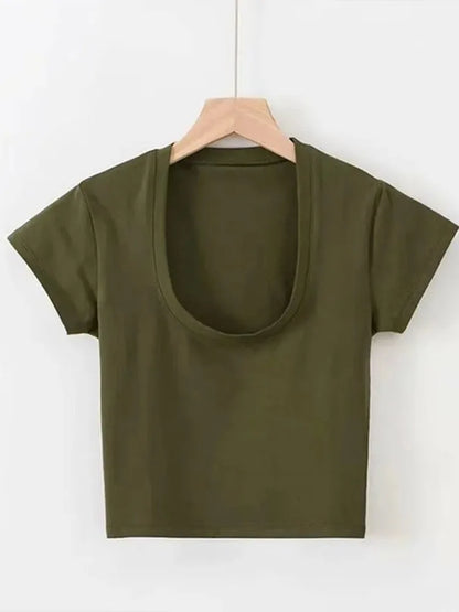 U Neck Crop Top High Waist Slim Solid Color Tee Street