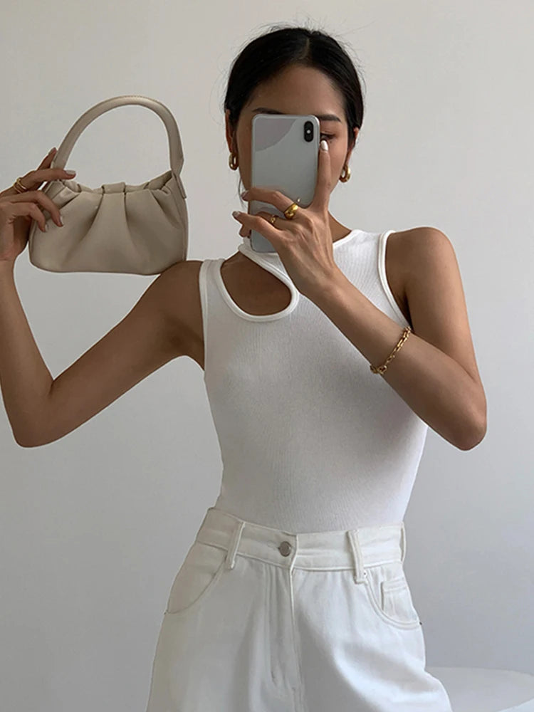 Casual White Sleeveless T Shirt Women Round Neck Slim Korean