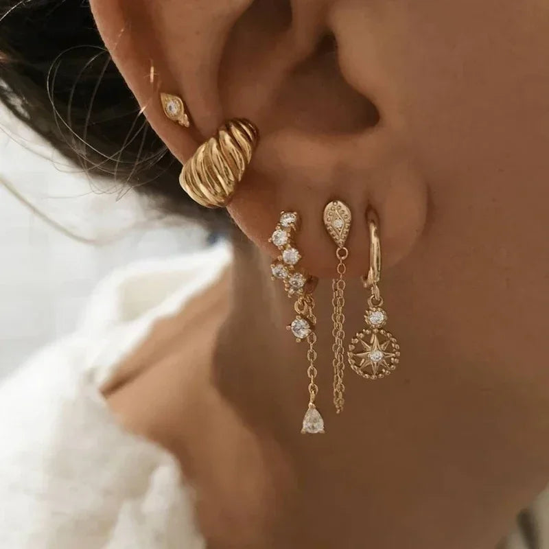 Crmya Gold Plated Women's Earrings Set with Vintage CZ Zircon Drop and Stud Hoops