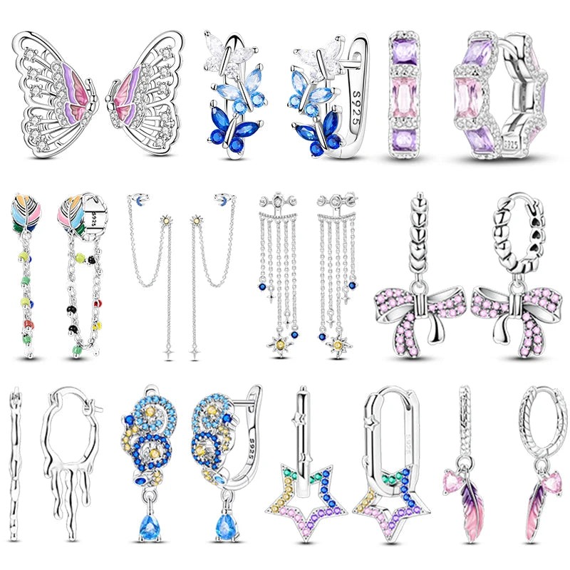 Original 925 Sterling Silver Tassel Earrings for Women Zircon Sparkling Pave Hoop Studs Anniversary Jewelry Gift