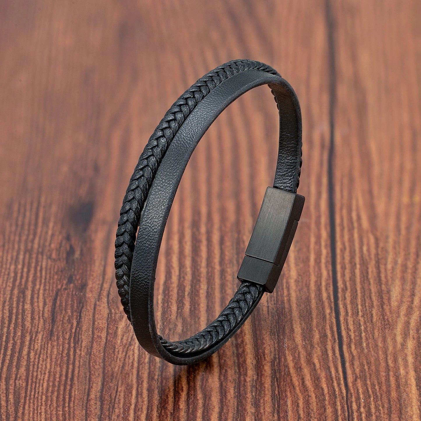 Luxury Men's Leather Bracelet Hand-Woven Multilayer Vintage Bangle with Stainless Steel Clasp